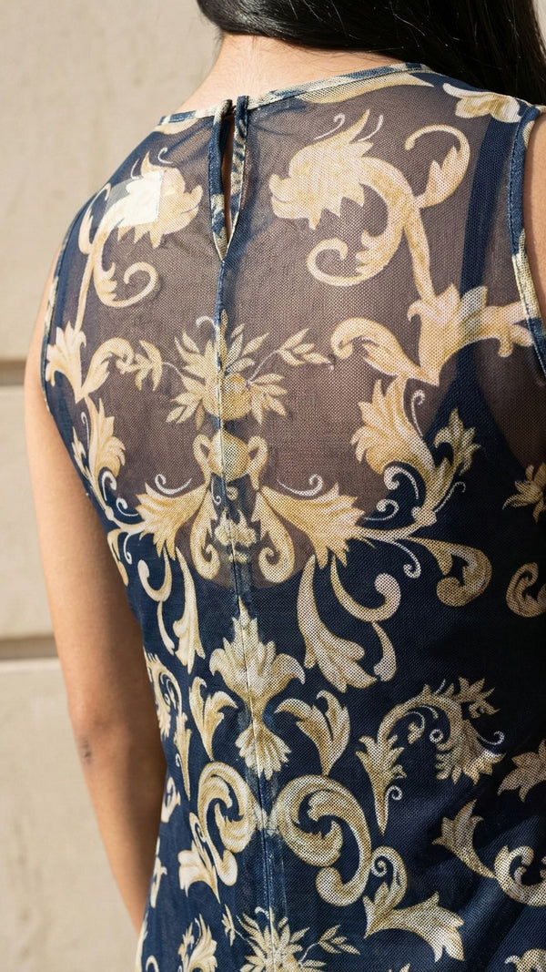 vestido azul marinho estampado