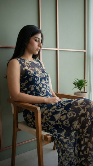 vestido azul marinho estampado