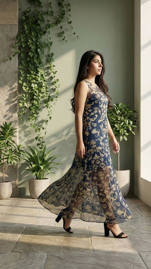 vestido azul marinho estampado